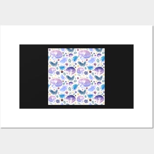 Blue and Purple Cats and Flowers Posters and Art